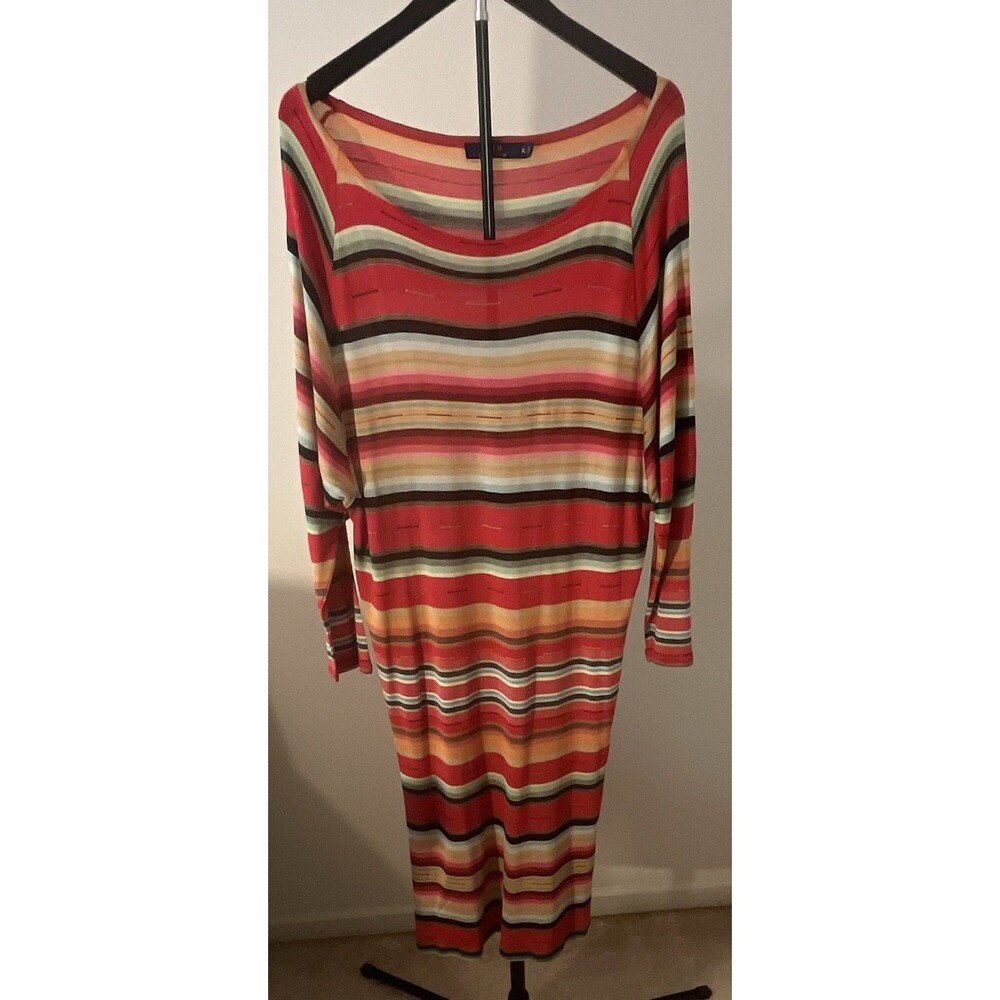 Polo Ralph Lauren Orange Red Striped Scoop Neck Long Sleeve Midi Dress XL